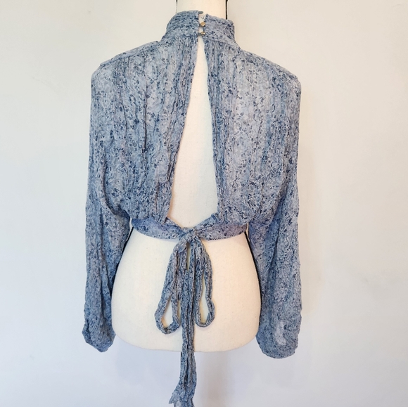 Shona Joy Francesca High Neck Balloon Sleeve Open Back Tie Crop Top Blouse 2 - Picture 9 of 16